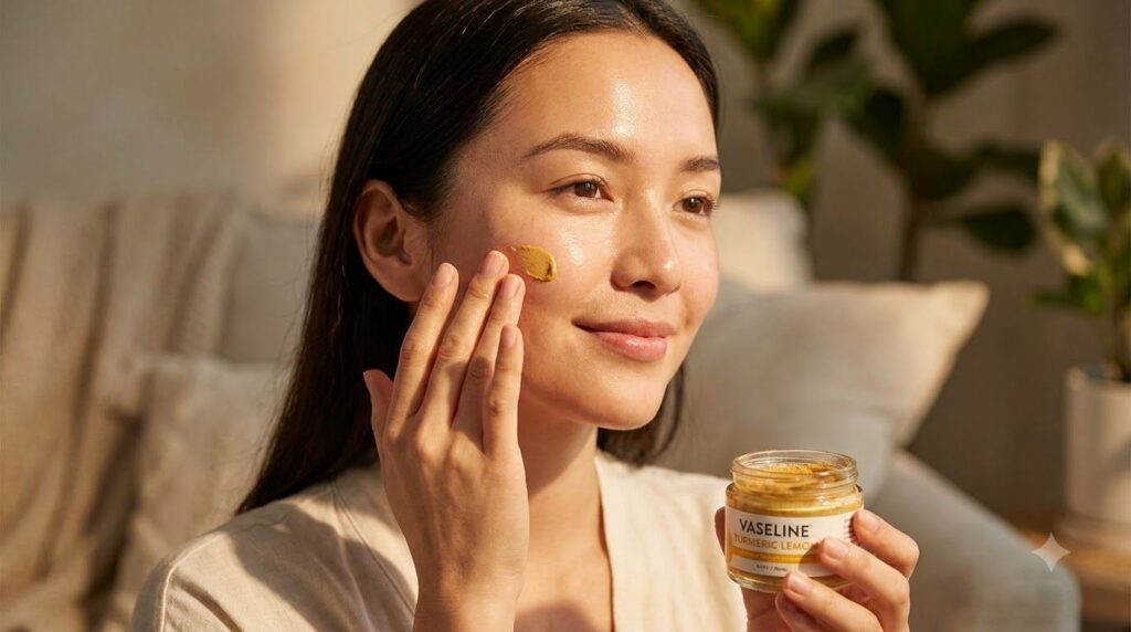 A woman gently applying the yellow Vaseline turmeric lemon paste to her cheek