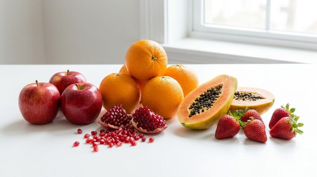 A vibrant mix of whole fruits like apples oranges pomegranate papaya and strawberries artfully arranged on a clean backg