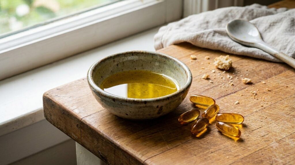 A close-up of a small bowl containing extra virgin olive oil and a few Vitamin E capsules ready to be mixed for the DIY