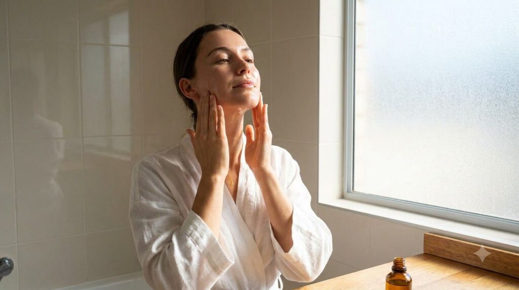A woman gently massaging a few drops of oil onto her clean face demonstrating the application of the facial oil with sof