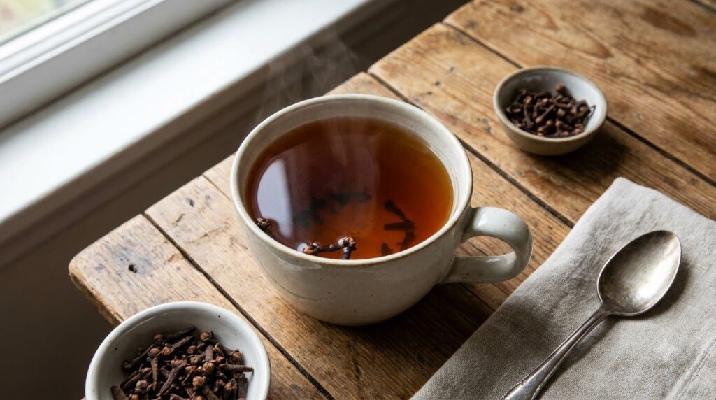 A steaming cup of clove tea with whole cloves visible at the bottom or in a tea infuser on a wooden surface