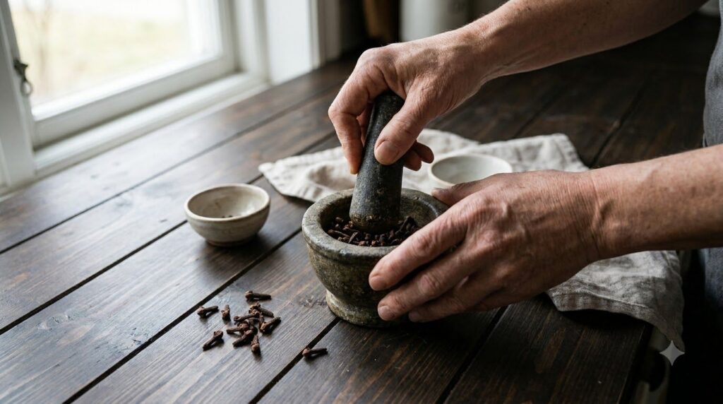 Hands gently crushing whole cloves in a small mortar and pestle showcasing the preparation step for maximum potency