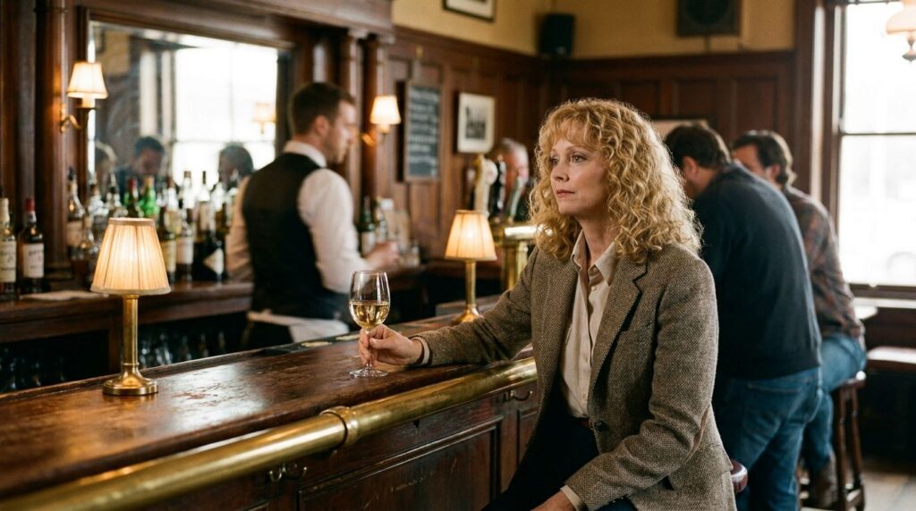Shelley Long as Diane Chambers in the TV show Cheers sitting at the bar or in a scene with Sam Malone