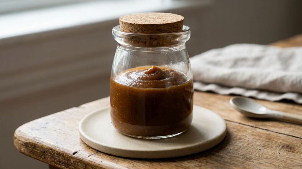 A smooth dark brown paste of DIY night glow cream in a small glass jar ready for use