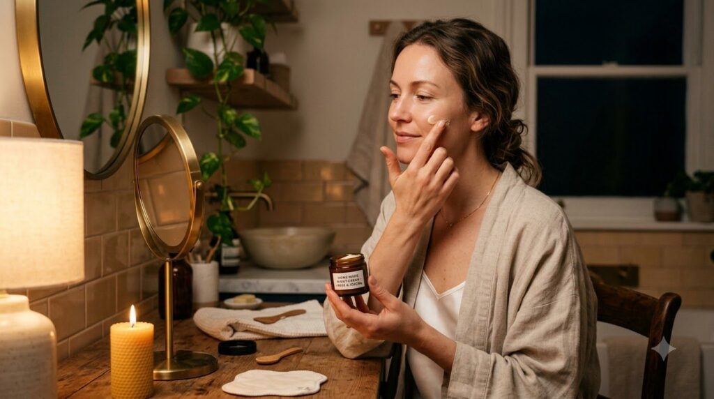 A woman gently applying a homemade night cream to her face in a soft glowing bathroom setting