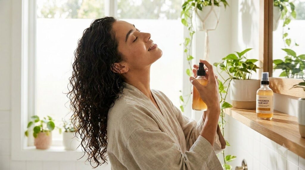 A woman gently massaging her scalp with fingertips after applying fenugreek hair spray her hair looking healthy and shin