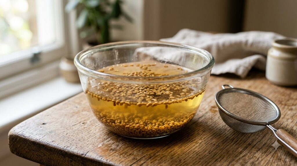 A close-up of fenugreek seeds soaking in a glass bowl of water with a yellow tint to the water A fine-mesh strainer is v