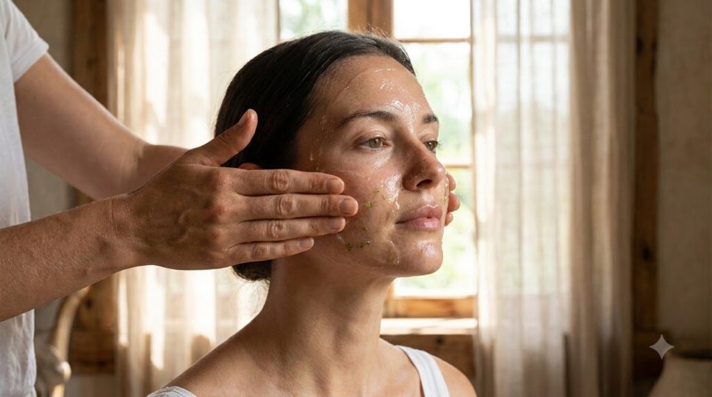 Hands gently massaging a small amount of clear gel onto clean skin on the face showing a smooth hydrated look