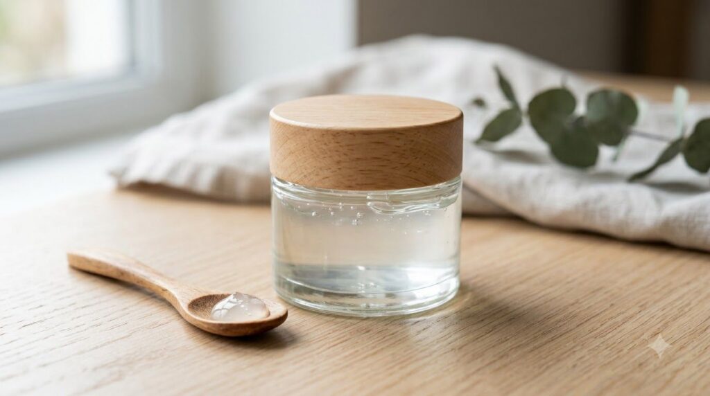 A close-up of a small glass jar containing a translucent smooth aloe vera and vitamin E gel with a spoon beside it The t