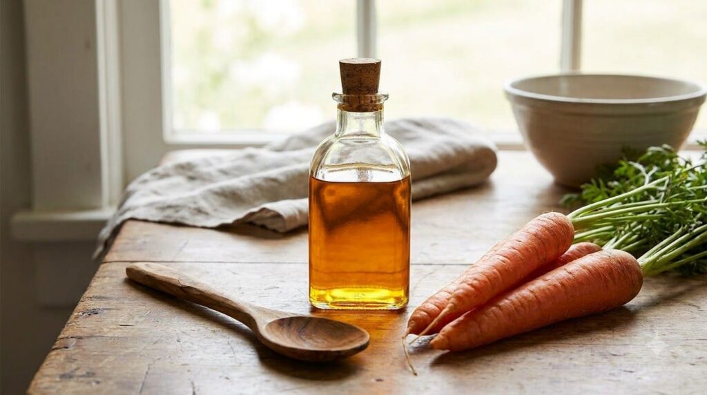 A small labeled bottle of homemade carrot oil next to fresh carrots and a wooden spoon