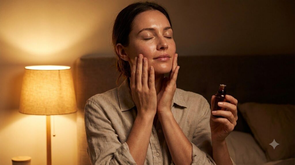 A woman gently massaging carrot oil onto her face as part of her nightly routine