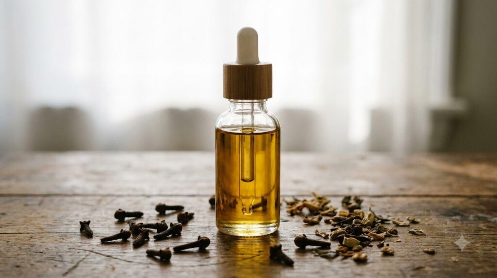 Small glass dropper bottle filled with golden oil surrounded by whole cloves