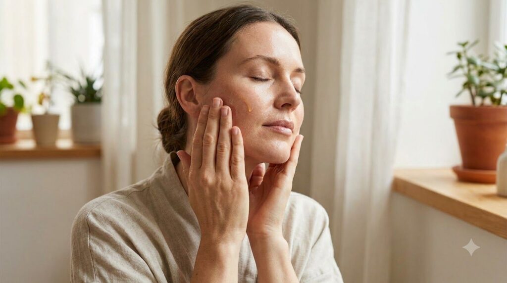 Woman gently applying oil to her face eyes closed with a soft glow