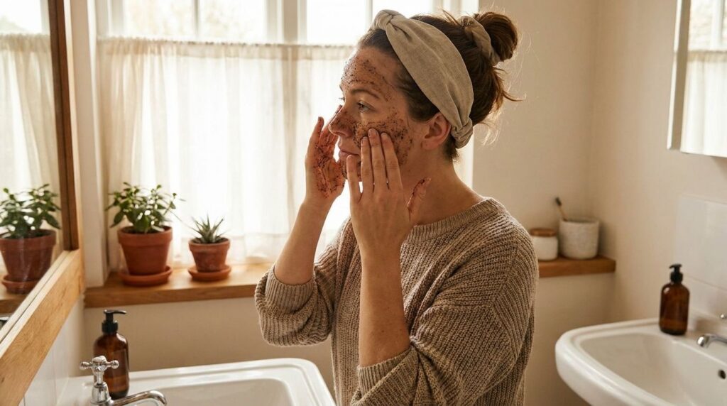 A woman gently applying a homemade Vaseline coffee scrub to her face with her fingertips demonstrating circular motions