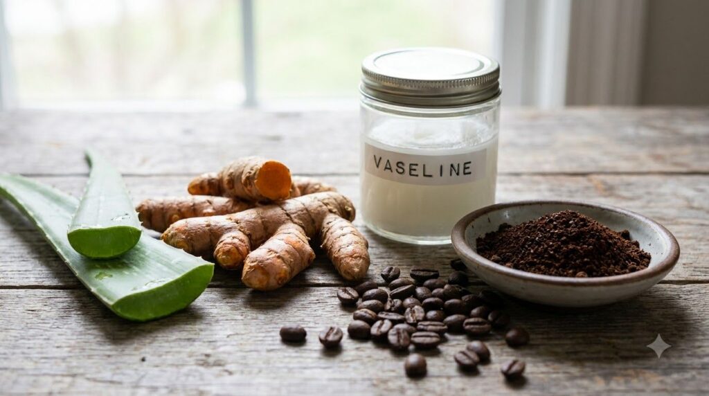A close-up of fresh turmeric root aloe vera leaf and coffee beans with ground coffee next to a jar of Vaseline illustrat