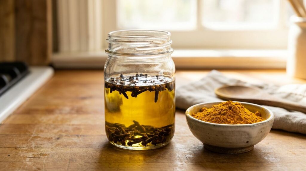 A glass jar with baby oil infusing dried cloves next to a small bowl of turmeric powder