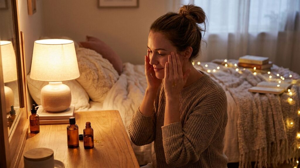A woman gently massaging a few drops of oil onto her face at night with a soft glowing complexion