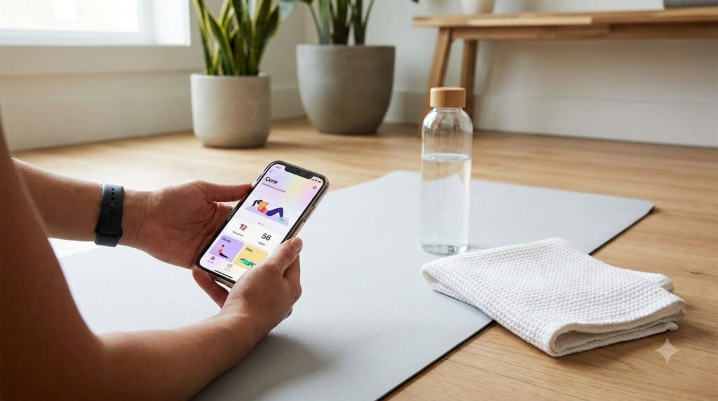 A pair of hands holding a smartphone displaying a fitness app with core exercises resting on a yoga mat with a water bot