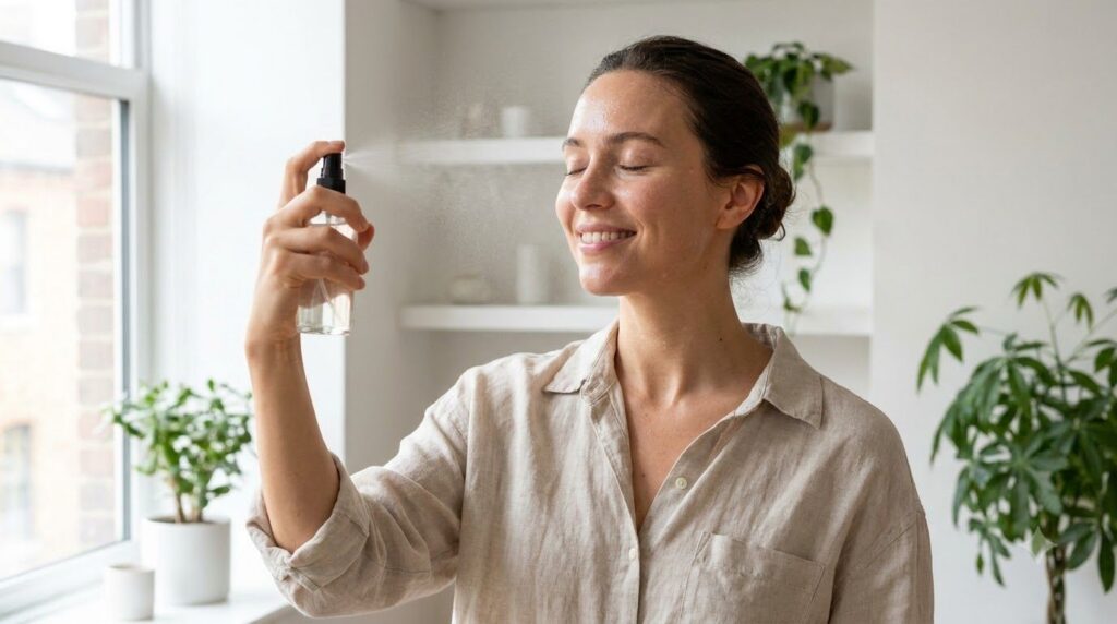 A woman gently misting her face with a spray bottle smiling softly showing refreshed and hydrated skin