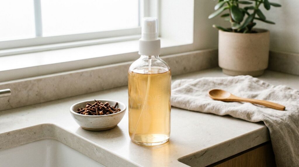 A clear glass spray bottle filled with a light amber liquid clove toner next to a small bowl of strained cloves on a cle