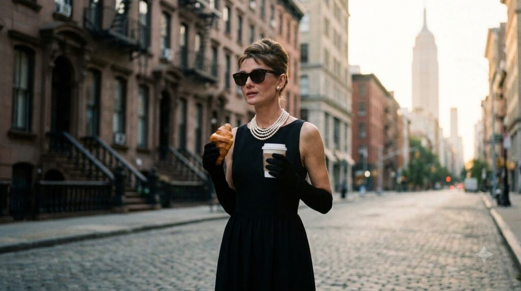 Audrey Hepburn in her iconic role as Holly Golightly in Breakfast at Tiffany s wearing a black dress and pearls