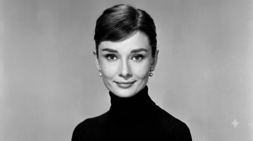 A black and white portrait of Audrey Hepburn smiling elegantly