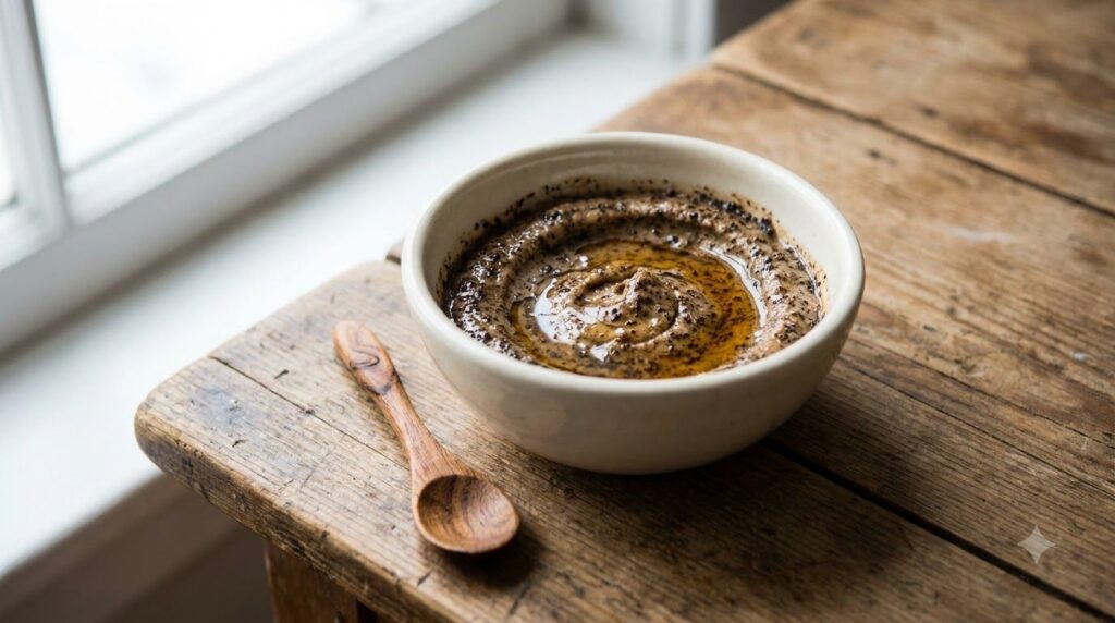 Close-up of a homemade coffee and honey face scrub in a small ceramic bowl with a wooden spoon beside it on a rustic woo