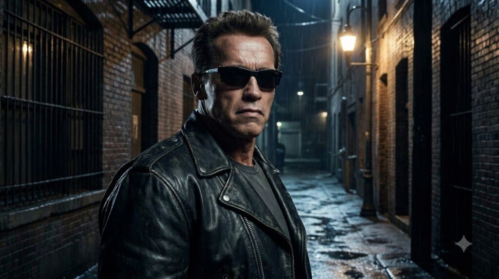 Arnold Schwarzenegger as the T-800 Terminator wearing sunglasses and a leather jacket looking stoic