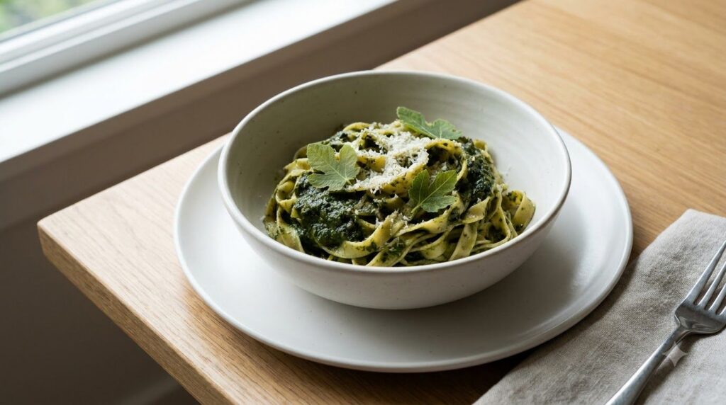 A beautifully plated dish of pasta tossed with fig leaf sauce garnished with fresh fig leaves and a sprinkle of Parmesan