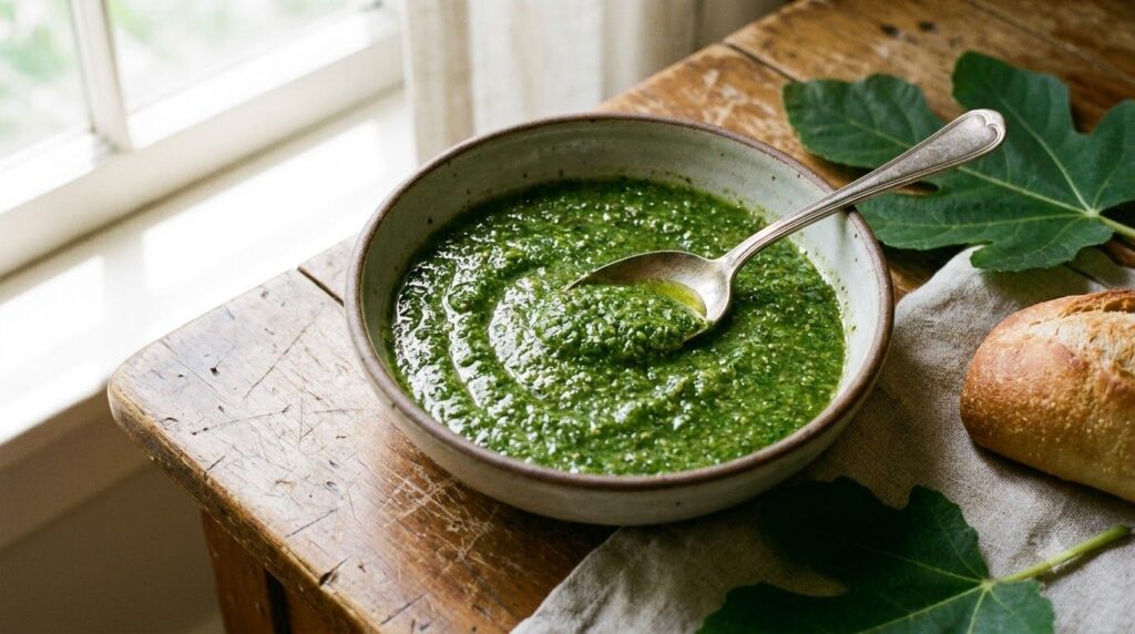A bowl of freshly made vibrant green fig leaf sauce with a spoon in it resting on a rustic wooden table