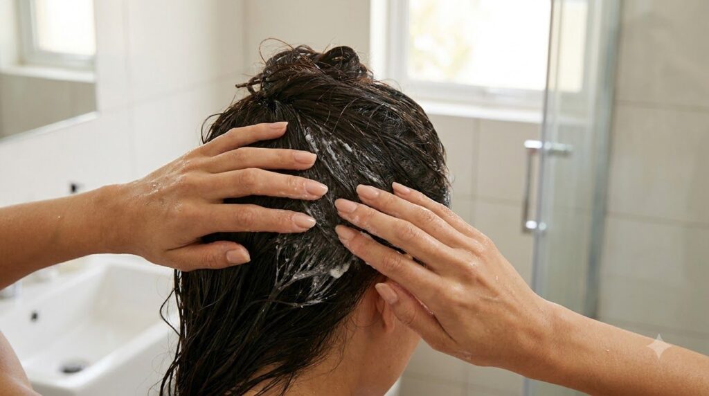 A person s hands gently massaging a clear liquid hair scrub onto their scalp showing the application process in a bathro