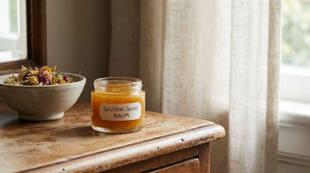 A small clear glass jar filled with the freshly made DIY collagen-supporting balm with a smooth semi-solid texture place