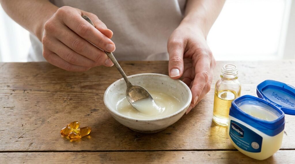 A person mixing Vaseline almond oil and vitamin E in a small bowl with a spoon showing the smooth texture of the blend