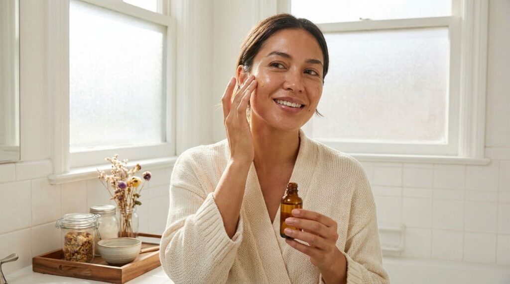 A person gently applying a small amount of the homemade oil blend to their face showing radiant and moisturized skin