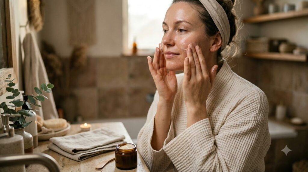 A woman gently massaging a homemade cream onto her face at night with a soft warm glow Her skin looks smooth and radiant