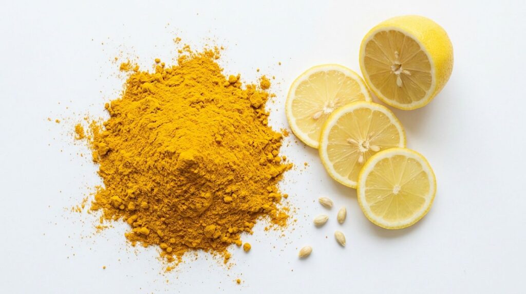 A close-up of a vibrant yellow turmeric powder mound next to a sliced lemon on a white background highlighting the key i