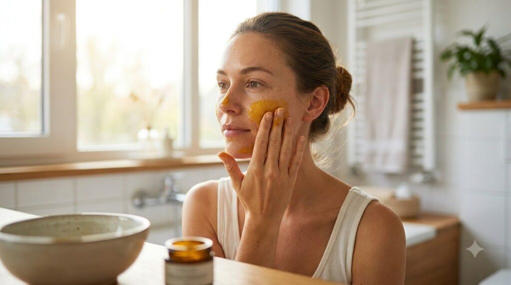 A woman gently applying a yellow turmeric-infused mask to her cheek with her fingertips showing a glowing natural skin t