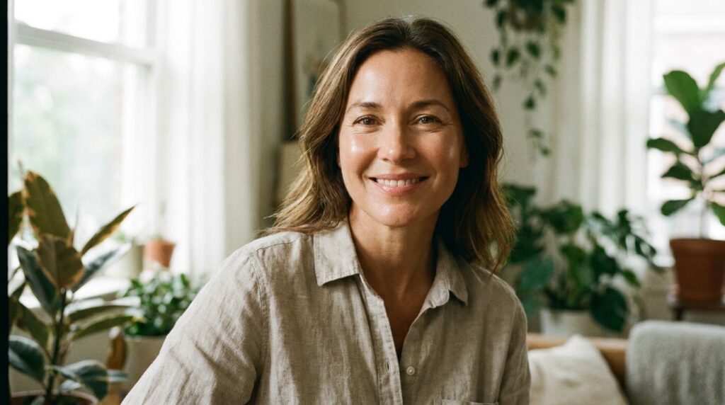 A glowing healthy-looking woman in her 40s or 50s smiling softly with radiant smooth skin suggestive of the before and a