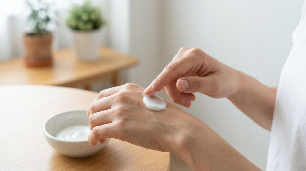 A close-up of a person s hand applying a small amount of the freshly mixed DIY age-defying cream onto the back of their 