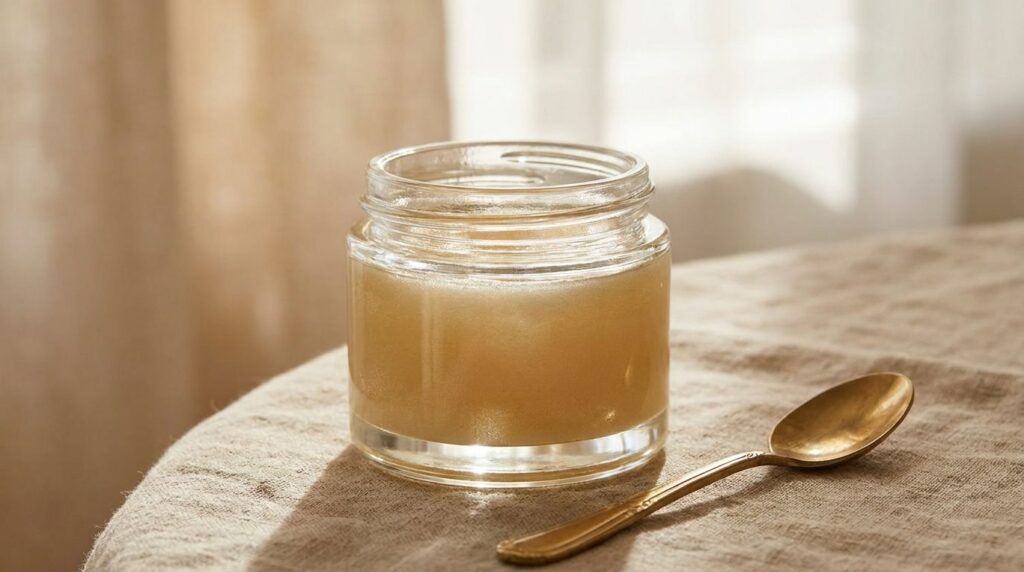 A close-up of a small glass jar filled with a thick golden glowing balm with a golden spoon resting beside it The balm l