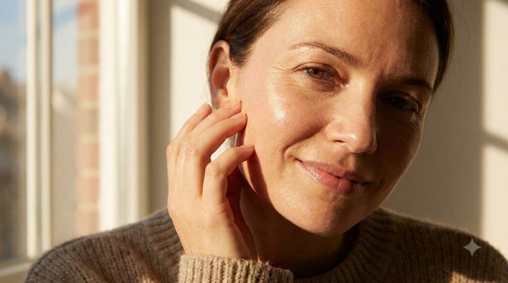 A woman gently touching her smooth glowing cheek with a soft smile implying healthy hydrated skin Her skin looks radiant
