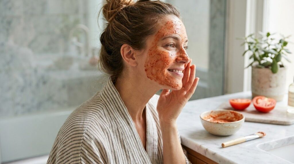 A woman gently applying a reddish-orange tomato face mask to her clean face with soft natural light showing a DIY beauty