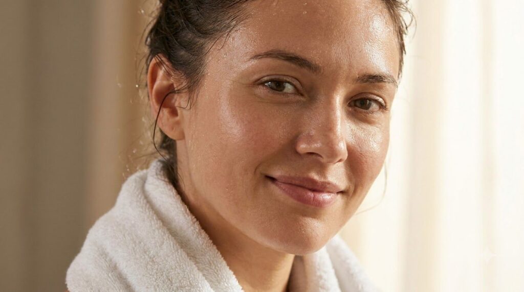 A close-up of a woman s face after rinsing off a face mask showing clear glowing and refreshed skin with a natural no ma