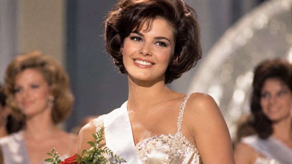 A younger Raquel Welch from her beauty pageant days smiling and wearing a sash with dark hair