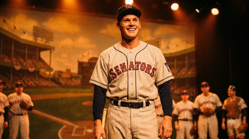 A promotional still of Tab Hunter as Joe Hardy from the movie Damn Yankees wearing a baseball uniform
