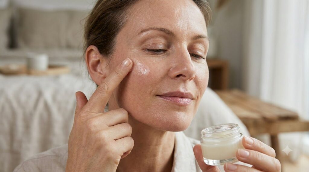 A close-up of a person gently applying a Vaseline and baby oil mixture to their face focusing on areas with fine lines T