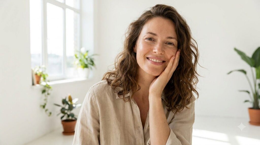 A woman smiling and gently touching her radiant clear skin She has a natural healthy glow The setting is bright and clea
