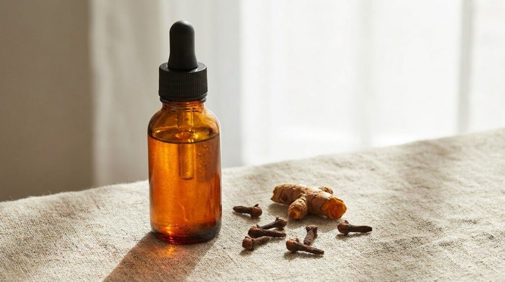 A small clear glass bottle filled with golden infused oil next to a few whole cloves and a small piece of turmeric on a