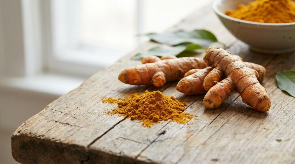 Close-up of turmeric powder and fresh turmeric roots on a wooden surface highlighting their vibrant color and texture