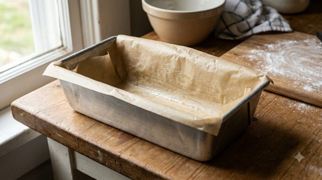 A prepared loaf pan lined with parchment paper and lightly greased ready for banana bread batter